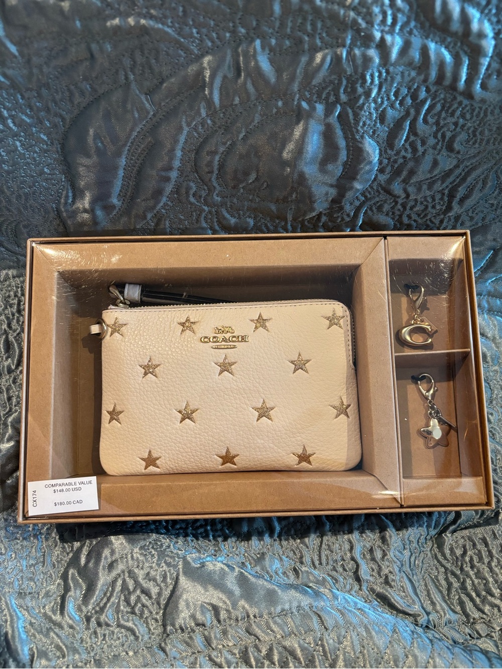 NWT Coach Leather Star Chalk Wristlet with Gold Accents & Charms
